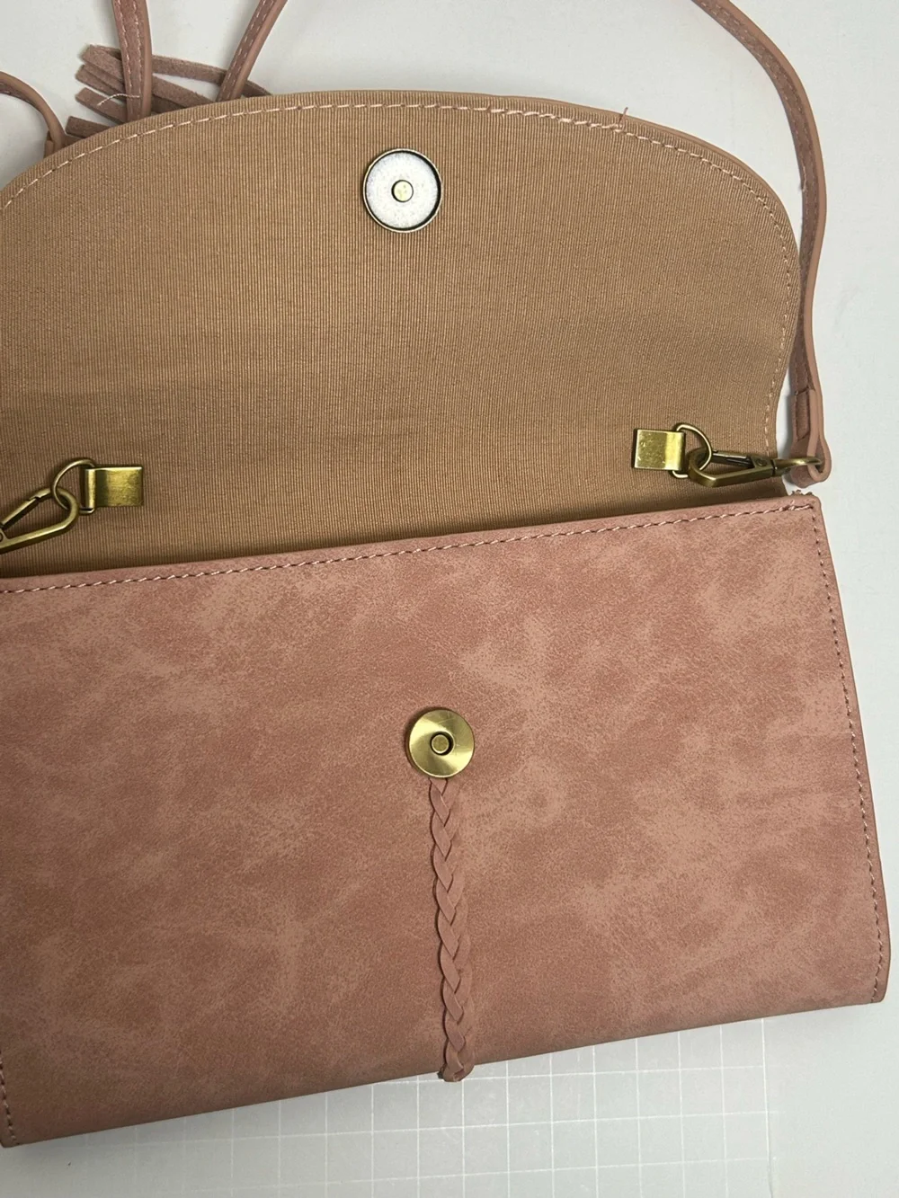 Anthropologie Envelope Suede Crossbody Boho Tassel Bag Pink